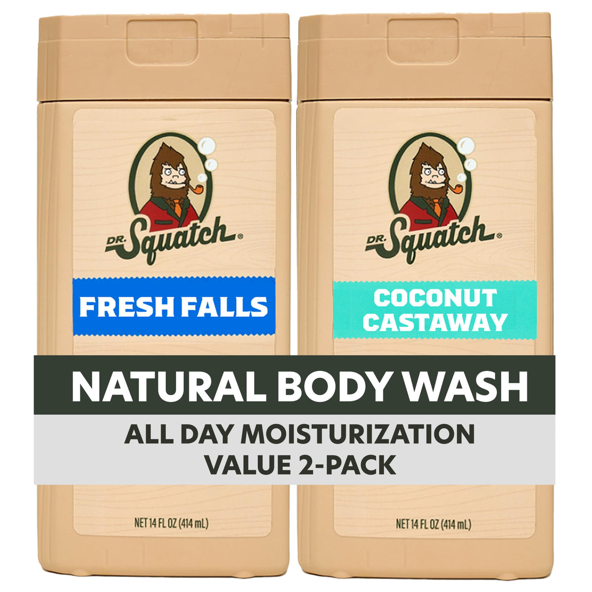 Dr. Squatch Natural Men's Body Wash Shower Gel - Cleansing, Nourishing, Long Lasting Scent, Moisturizing Body Wash for Men - Birchwood Breeze + Rainforest Rapids (14 oz, 2-Pack)