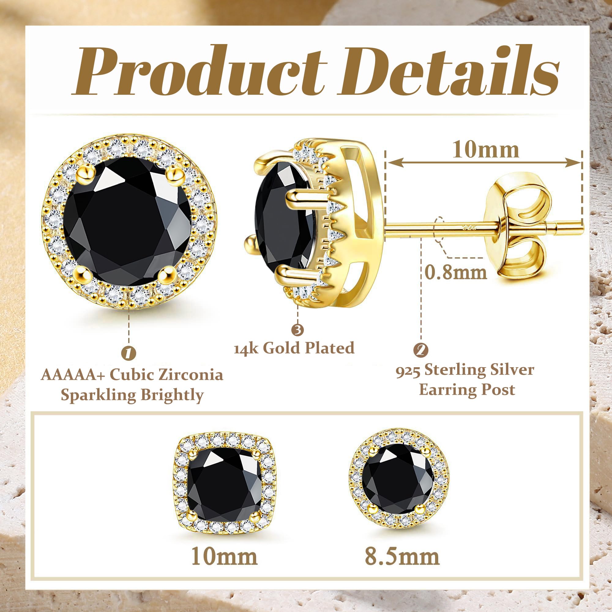 18K Gold Plated Halo Stud Earrings 925 Sterling Silver Cubic Zirconia Stud Earrings Round Square Diamonique Stud Earrings Set for Women Men