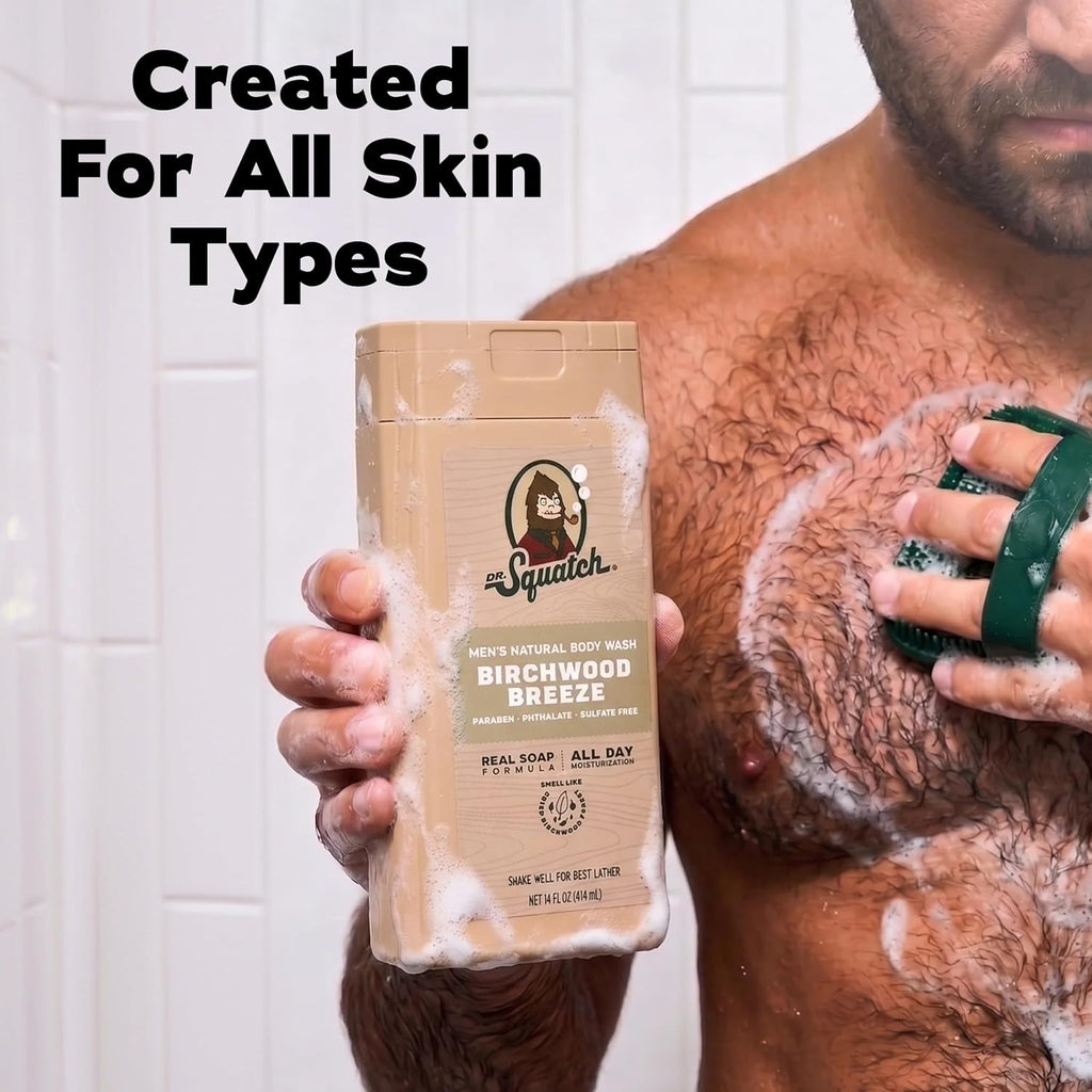 Dr. Squatch Natural Men's Body Wash Shower Gel - Cleansing, Nourishing, Long Lasting Scent, Moisturizing Body Wash for Men - Birchwood Breeze + Rainforest Rapids (14 oz, 2-Pack)