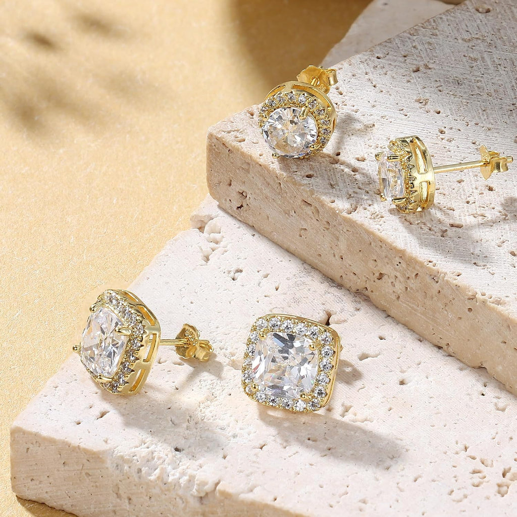 18K Gold Plated Halo Stud Earrings 925 Sterling Silver Cubic Zirconia Stud Earrings Round Square Diamonique Stud Earrings Set for Women Men