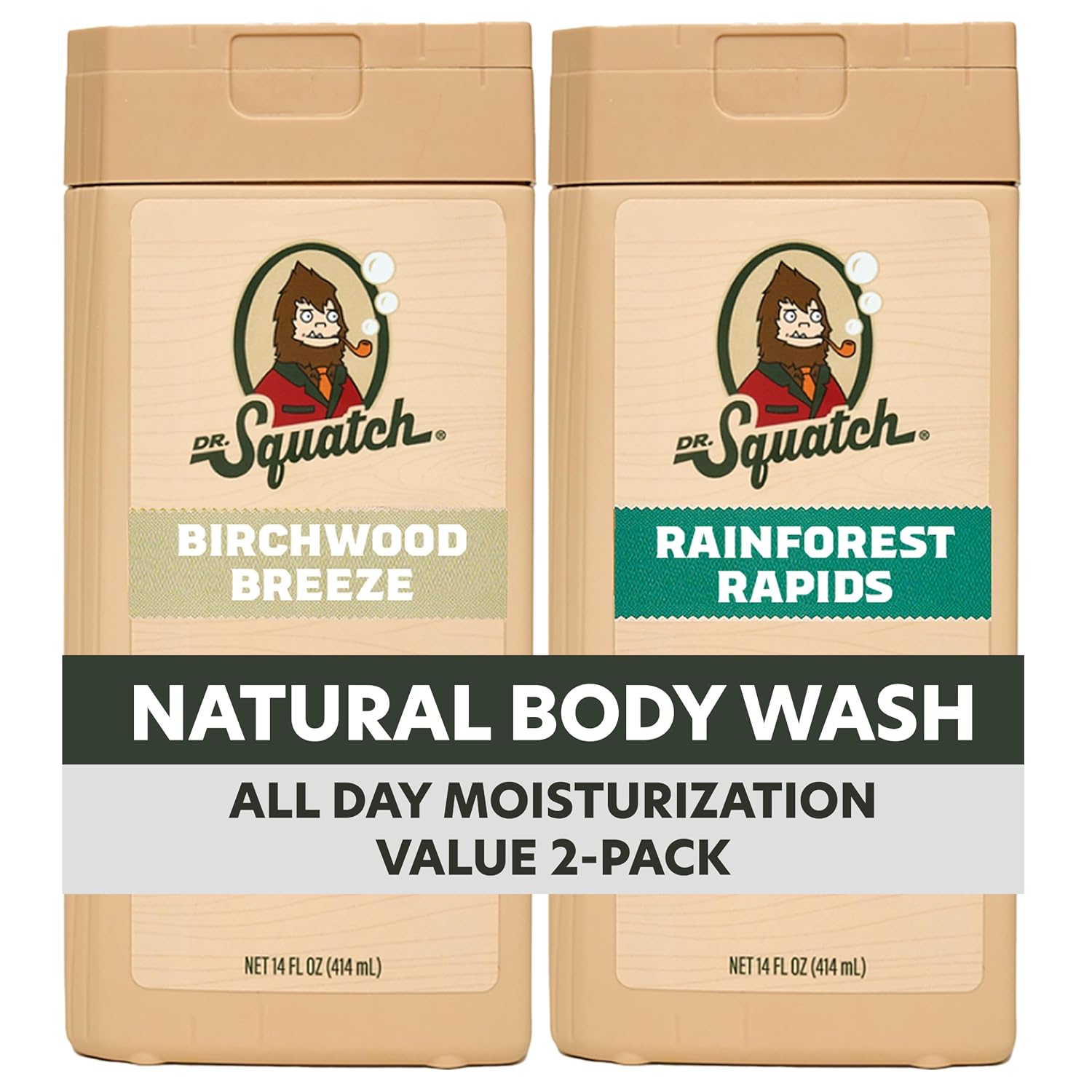 Dr. Squatch Natural Men's Body Wash Shower Gel - Cleansing, Nourishing, Long Lasting Scent, Moisturizing Body Wash for Men - Birchwood Breeze + Rainforest Rapids (14 oz, 2-Pack)