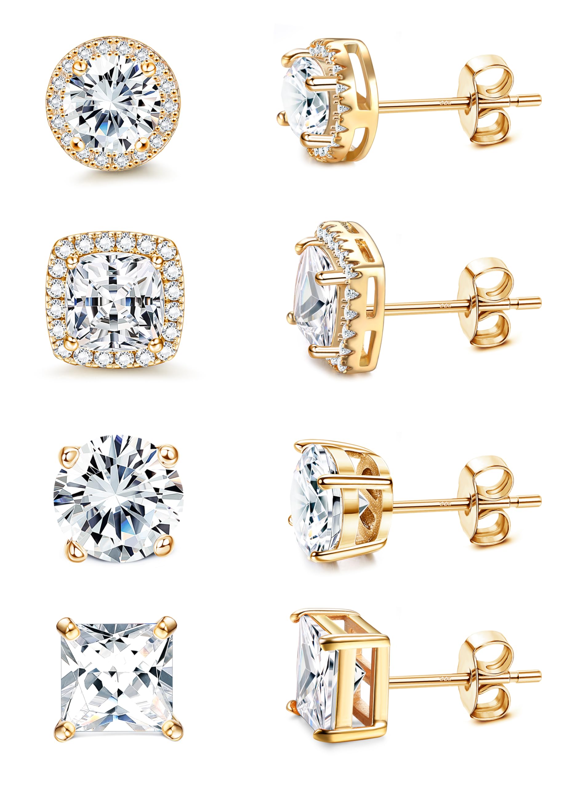 MILACOLATO S925 Sterling Silver Stud Earrings for Women Men Hypoallergenic 18K Gold Plated Cubic Zirconia Earrings Studs Brilliant Simulated Diamond Halo Earring for Sensitive Ears