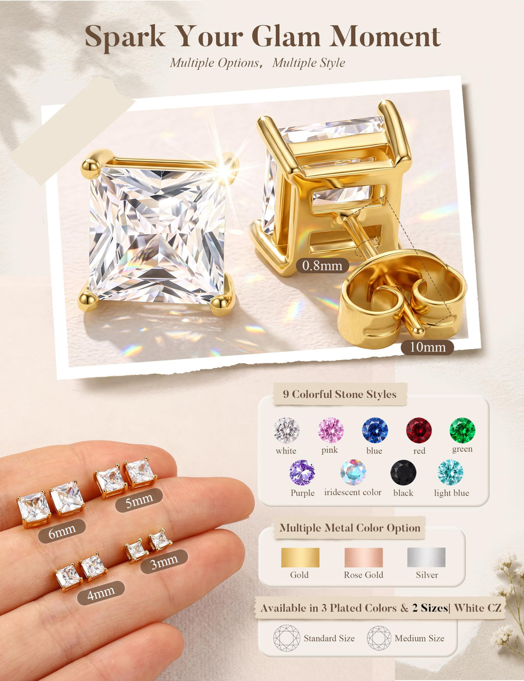 MILACOLATO S925 Sterling Silver Stud Earrings for Women Men Hypoallergenic 18K Gold Plated Cubic Zirconia Earrings Studs Brilliant Simulated Diamond Halo Earring for Sensitive Ears