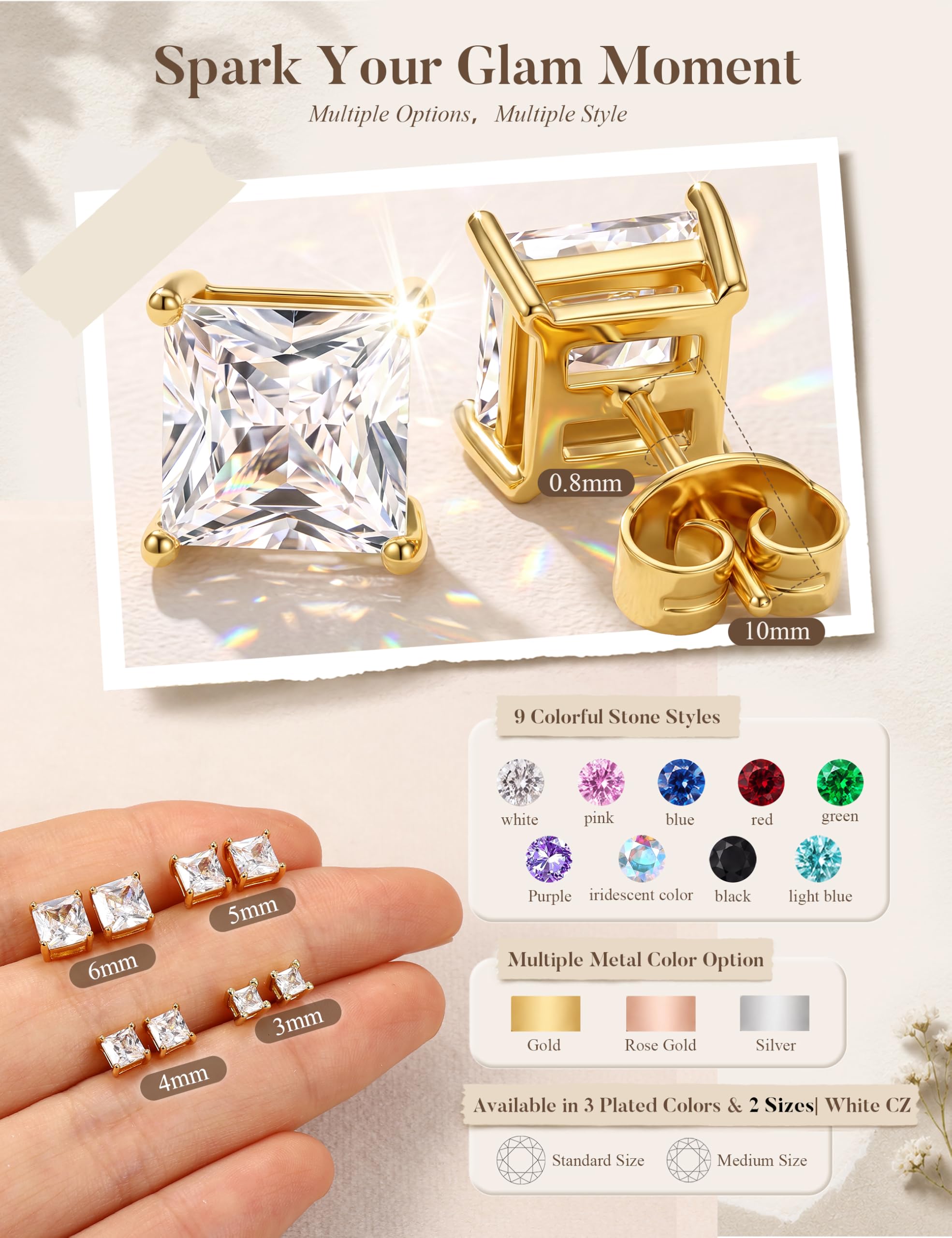 MILACOLATO S925 Sterling Silver Stud Earrings for Women Men Hypoallergenic 18K Gold Plated Cubic Zirconia Earrings Studs Brilliant Simulated Diamond Halo Earring for Sensitive Ears