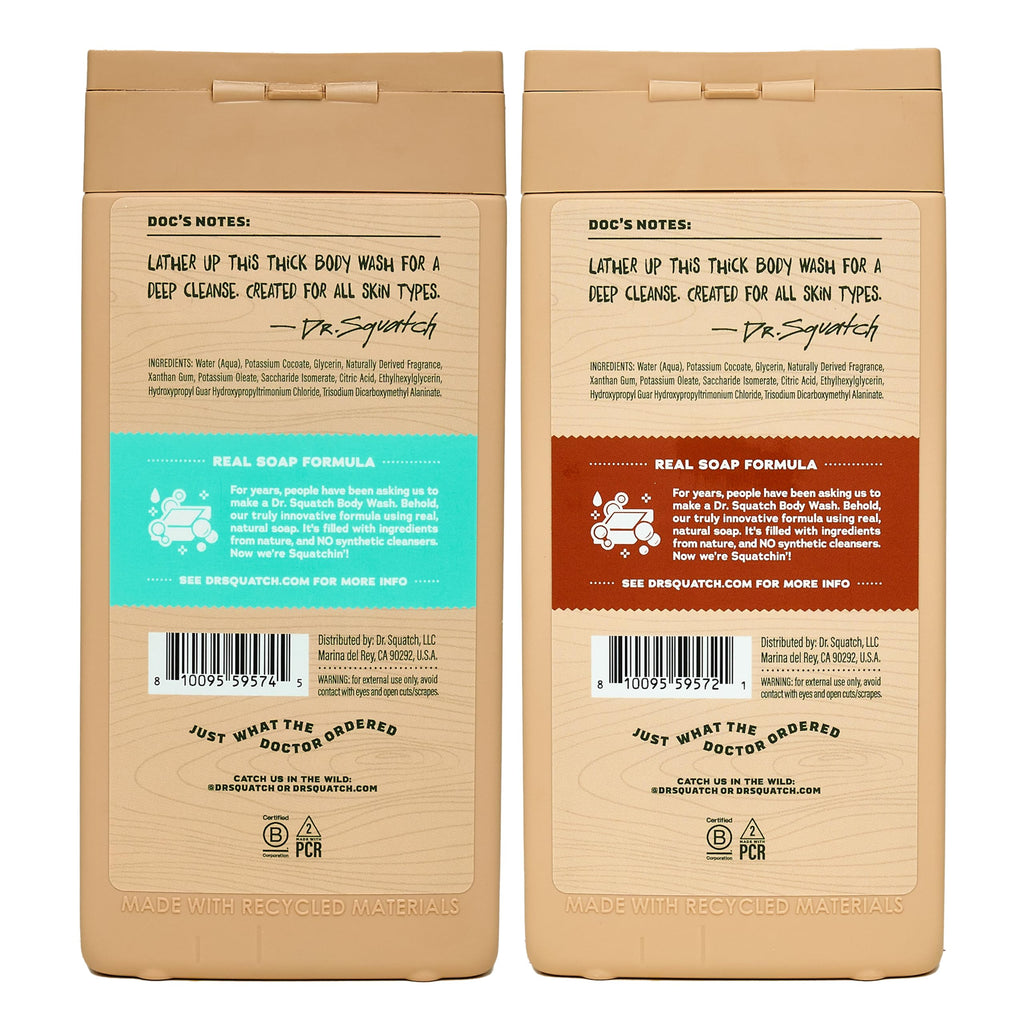 Dr. Squatch Natural Men's Body Wash Shower Gel - Cleansing, Nourishing, Long Lasting Scent, Moisturizing Body Wash for Men - Birchwood Breeze + Rainforest Rapids (14 oz, 2-Pack)