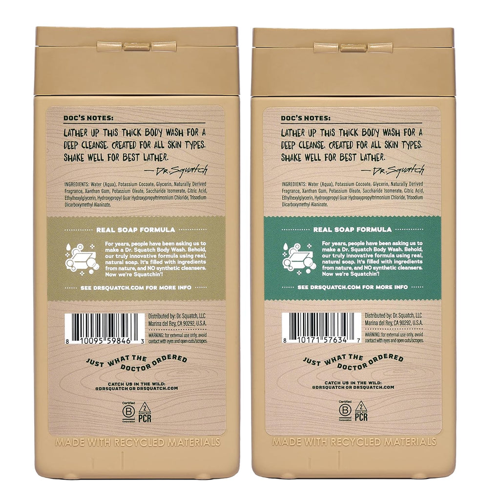 Dr. Squatch Natural Men's Body Wash Shower Gel - Cleansing, Nourishing, Long Lasting Scent, Moisturizing Body Wash for Men - Birchwood Breeze + Rainforest Rapids (14 oz, 2-Pack)